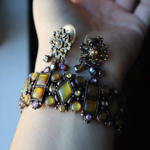 Vintage Bronze/Copper Bejeweled Bracelet/Earrings